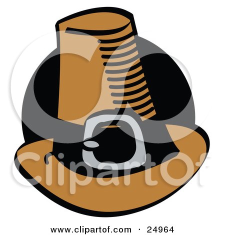 Clipart Picture of a Brown Pilgrim Hat With A Buckle Around The Base, In Front Of A Black Circle by Andy Nortnik