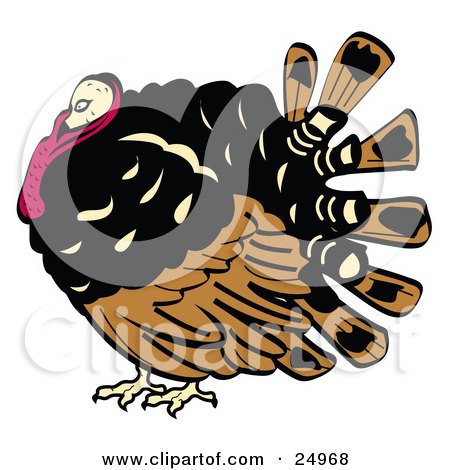 Clipart Picture of a Chubby Brown, Black And Red Turkey Bird With His Head Tucked In His Neck by Andy Nortnik