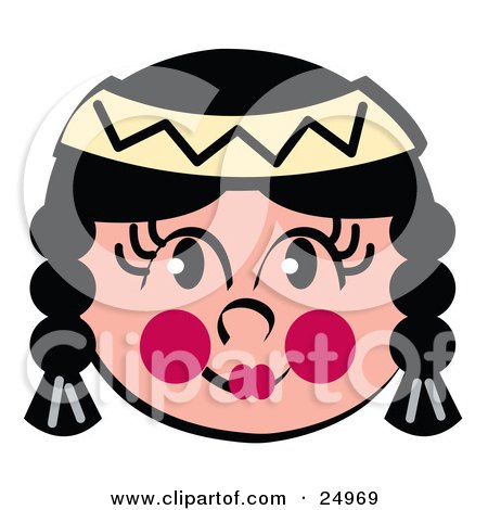 Clipart Picture of a Friendly Native American Indian Girl's Face With Braids, Flushed Cheeks And A Headband by Andy Nortnik
