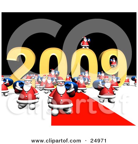 Clipart Illustration of a Crowd Of Santas Carrying Blue Toy Sacks Over Their Shoulders And Walking Along A Red Carpet In Front Of The New Year Of 2009 Sign by Eugene