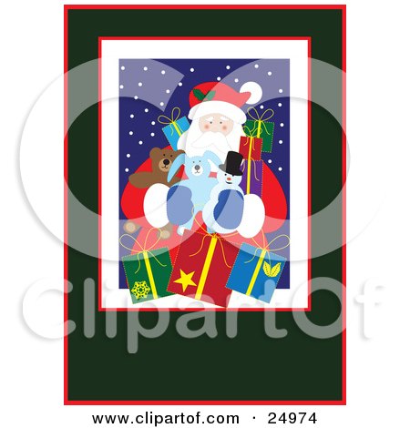 Clipart Illustration of Santa On A Snowy Night, Stuffed Animals And Gifts, Bordered By White, Red And Green by Eugene