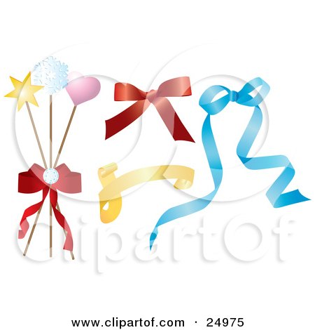 Clipart Illustration of a Collection Of Red, Yellow And Blue Ribbons, Bows And Gift Wrapping Sticks by Eugene