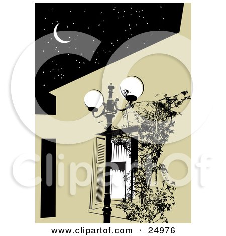 Clipart Illustration of a Street Lamp By A Window With Shutters, Under A Dark Night Sky With A Crescent Moon And Stars by Eugene