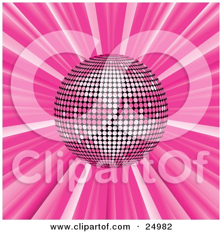 Clipart Illustration of a Shiny Pink Mirror Disco Ball Spinning Suspended Over A Pink Bursting Background by elaineitalia