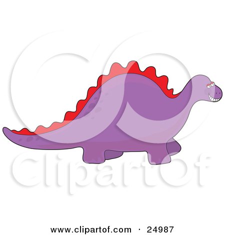 Clipart Illustration of a Jolly Purple Dinosaur With A Red Spine And Spots Along Its Back, Grinning In Delight, Over A White Background by Maria Bell