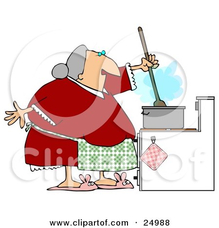 Clipart Illustration of a Senior Granny Wearing A Green Apron Over A Red Dress, Stirring Food In A Pot While Cooking Dinner by djart