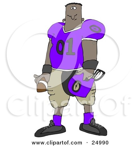 Clipart Illustration of a Black Football Player Man In A Purple And Tan Uniform, Holding A Football And A Helmet by djart