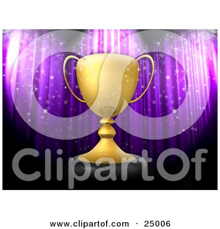 Clipart Illustration of Confetti Falling Over A Golden Trophy Cup Award Resting On A Podium In Front Of A Purple Stage Curtain by 3poD