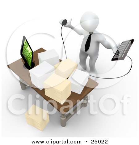 Clipart Illustration of a Stressed White Employee Staring At Stacks Of Paperwork On A Desk, Trying To Figure Out Where They Can Put Their Computer Keyboard by 3poD