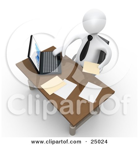 Clipart Illustration of a White Employee Seated At A Wooden Desk And Using A Laptop While Doing Paperwork At The Office by 3poD