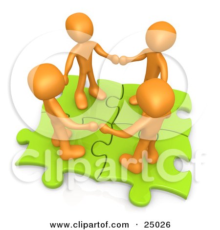 Four Orange People Holding Hands While Standing On Connected Green Puzzle Pieces, Symbolizing Teamwork, And Interlinking For Seo Website Marketing Posters, Art Prints