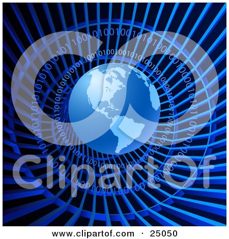 Clipart Illustration of Blue Binary Coding Circling Around Blue Planet Earth In A Blue Wire Tunnel by Tonis Pan