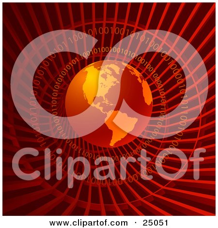 Clipart Illustration of Red Binary Coding Circling Around Red Planet Earth In A Red Wire Tunnel by Tonis Pan