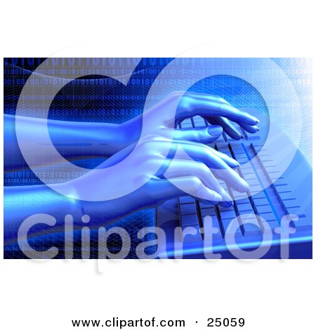 Clipart Illustration of a Pair Of Virtual Hands Typing On A Blue Computer Keyboard, Over A Grid Background With Binary Coding by Tonis Pan