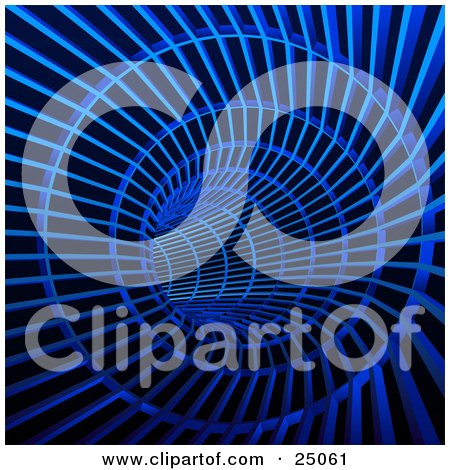 Clipart Illustration of a View Inside A Blue Tunnel With Wire Bars And Frames, A Curve Ahead by Tonis Pan