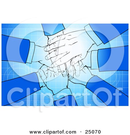 Clipart Illustration of a Team Of Business Associates With Their Hands All In, Stacking Them Over A Blue Grid, Binary And Circle Background by Tonis Pan