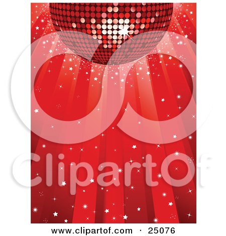 Clipart Illustration of a Shiny Red Disco Ball Reflecting Light While Spinning Over A Red Background With Confetti by elaineitalia