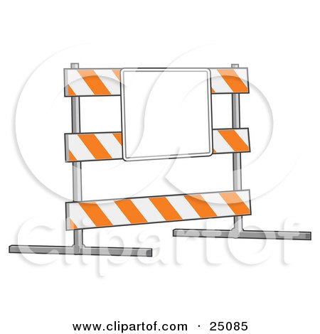 Clipart Illustration of a White And Orange Striped Road Block Type III Barricade Board With A Blank Sign In A Construction Zone by Leo Blanchette
