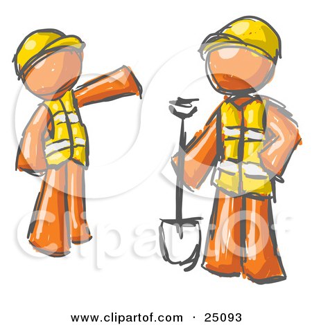 Clipart Illustration of a Painted Orange Men In Hardhats And Vests Working With A Shovel At A Construction Site by Leo Blanchette