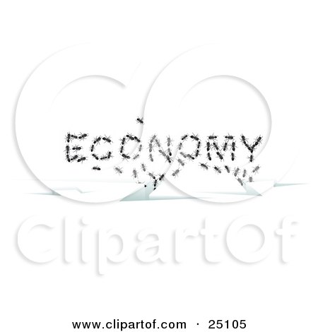 Clipart Illustration of Worker Ants Emerging From Cracks, Forming The Word ECONOMY by Leo Blanchette