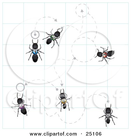 Clipart Illustration of Worker Ants With Numbers On Their Backs, Crawling On Graph Paper With Dotted Lines And Circles by Leo Blanchette