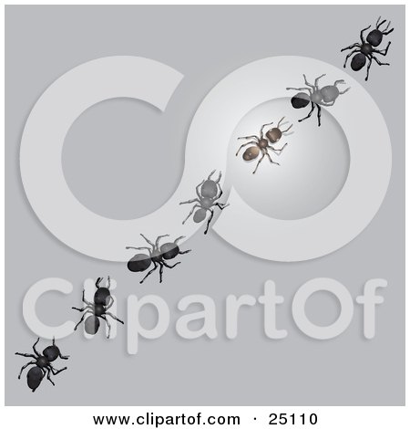 Clipart Illustration of a Glowing Worker Ant In A Diagonal Line Of Other Ants On A Gray Surface by Leo Blanchette