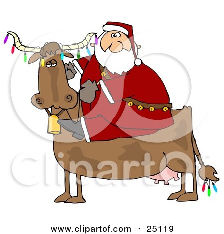Clipart Illustration of Santa Riding A Cow Decorated In Colorful Christmas Lights by djart