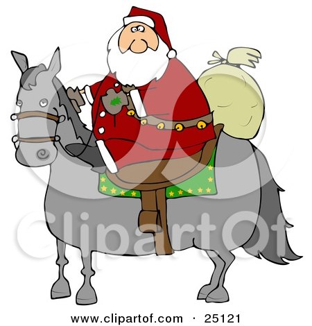 Clipart Illustration of Santa Claus Riding On A Gray Horse, His Sack Of Toys Behind Him by djart