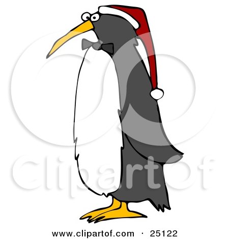 Clipart Illustration of a Cute Christmas Penguin Wearing A Bow Tie And A Santa Hat by djart