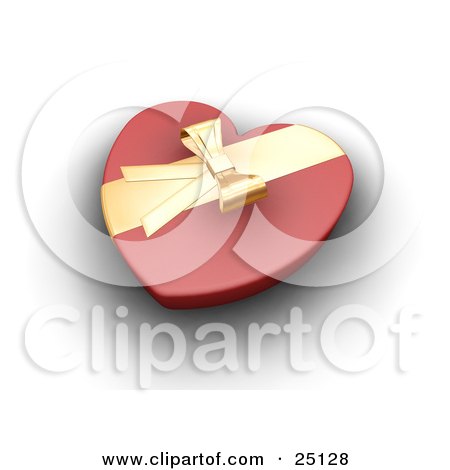 Clipart Illustration of a Red Heart Shaped Box Of Chocolates Sealed With A Gold Ribbon And Bow by KJ Pargeter
