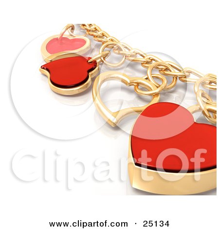 Clipart Illustration of a Gold Charm Bracelet With Red And Golden Heart Charms, Over White by KJ Pargeter