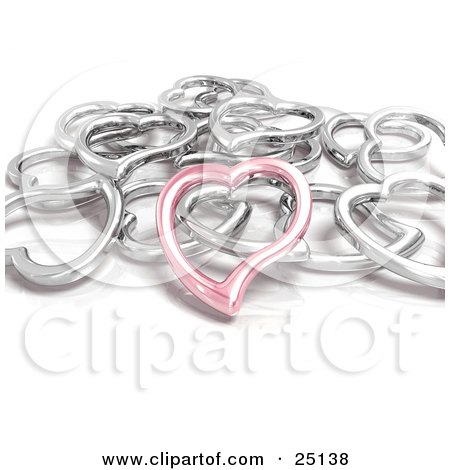 Clipart Illustration of a Pink Metal Heart On Top Of A Pile Of White Gold Or Silver Hearts, Over White by KJ Pargeter