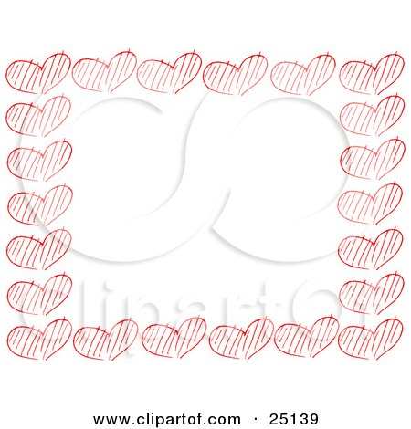 Clipart Illustration of a Border Of Sketched Red Hearts Over White by KJ Pargeter