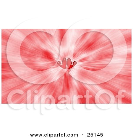 Clipart Illustration of a Pair Of Hearts In The Center Of A Bursting Red Background by KJ Pargeter