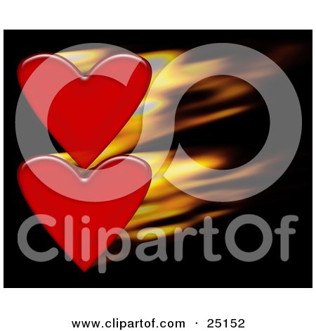 Clipart Illustration of a Pair Of Red Hearts With Fast Flames Over A Black Background by KJ Pargeter