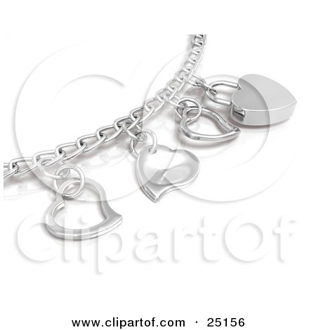 Clipart Illustration of a Silver Or White Gold Charm Bracelet With Heart Charms, Over White by KJ Pargeter