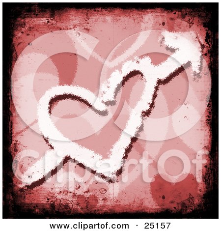 Clipart Illustration of a Drawing Of A Heart With An Arrow Through It Over A Red Patterned Grunge Background by KJ Pargeter