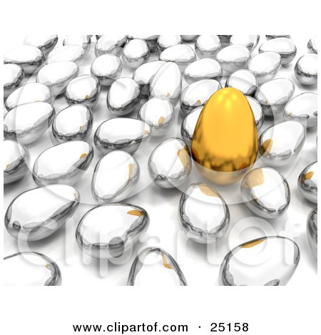 Clipart Illustration of a Large Golden Easter Egg Standing Out In A Crowd Of Silver Eggs by KJ Pargeter