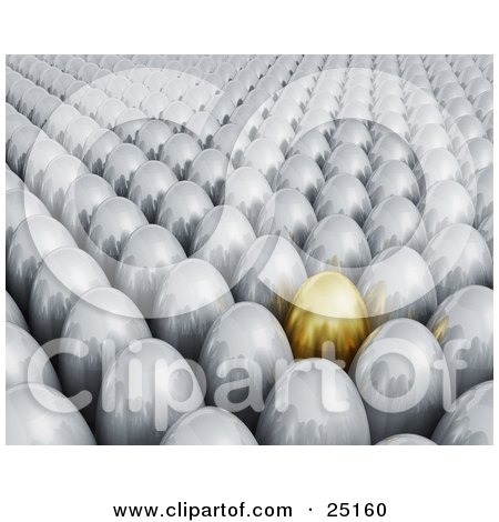 Clipart Illustration of a Crowd Of Silver Easter Eggs With One Gold Standing Out by KJ Pargeter
