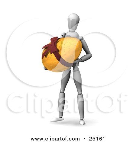Clipart Illustration of a White Figure Character Carrying A Large Golden Easter Egg With A Bow by KJ Pargeter