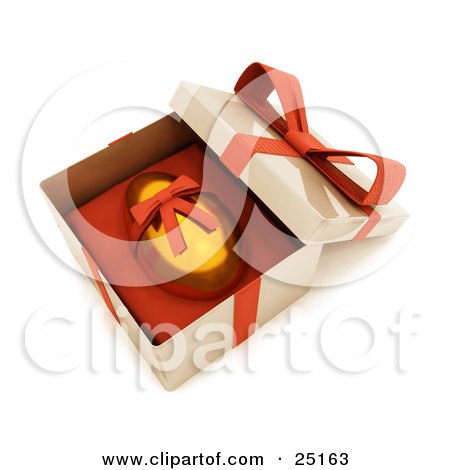 Clipart Illustration of a Gold Easter Egg With A Red Ribbon Around It, Resting In An Open Gift Box by KJ Pargeter