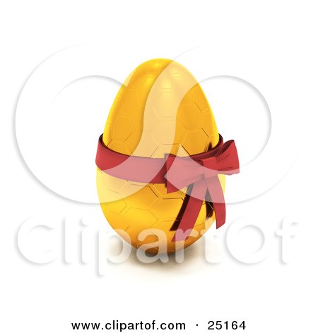 Clipart Illustration of a Gold Easter Egg With A Honeycomb Pattern And A Red Bow And Ribbon Around It by KJ Pargeter