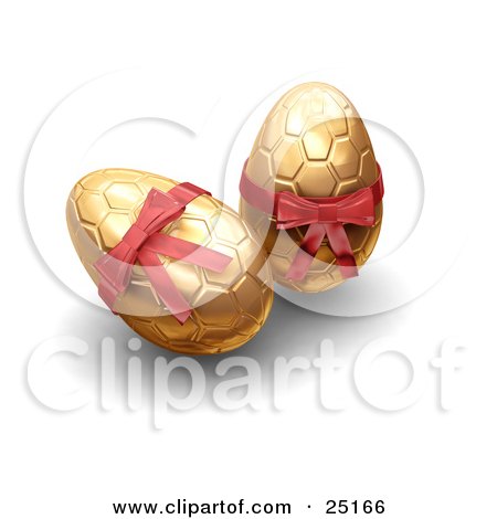 Clipart Illustration of Two Golden Patterned Easter Eggs With Red Bows by KJ Pargeter