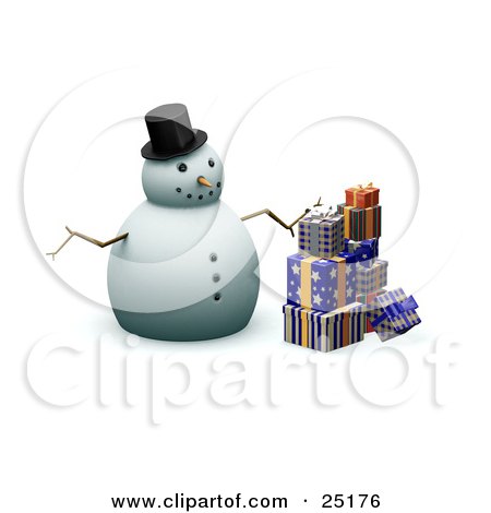 Clipart Illustration of a Snowman With Stick Arms, A Carrot Nose, And A Hat, Standing With Wrapped Christmas Presents by KJ Pargeter