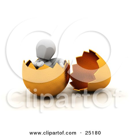 Clipart Illustration of a Relaxed White Character Sitting In A Broken Gold Easter Egg by KJ Pargeter
