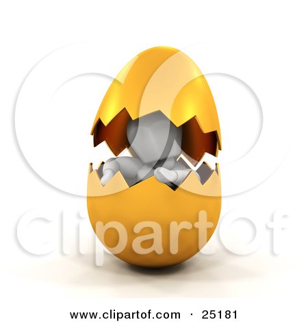 Clipart Illustration of a White Character Peeking Out From Inside Of A Cracked Golden Easter Egg by KJ Pargeter