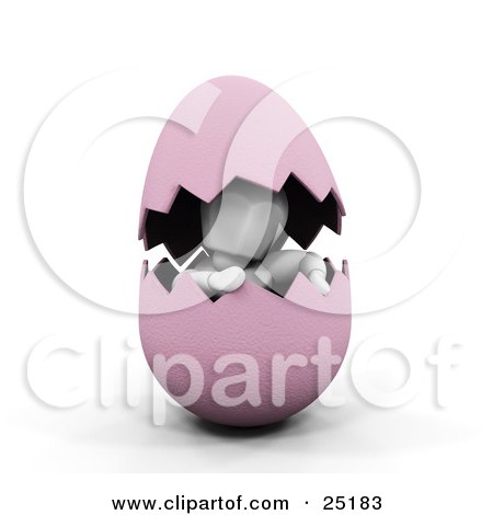 Clipart Illustration of a White Character Peeking Out From Inside Of A Cracked Pink Easter Egg by KJ Pargeter