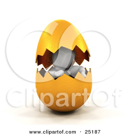 Clipart Illustration of a White Character Hatching Out From A Cracked Gold Easter Egg by KJ Pargeter