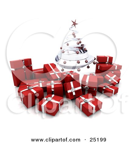 Clipart Illustration of a Silver Spiraled Christmas Tree With Red Ornaments, Over Silver And Red Christmas Gifts by KJ Pargeter