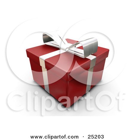 Clipart Illustration of an Unopened Christmas Gift Wrapped In Red Paper With A Silver Ribbon And Bow by KJ Pargeter